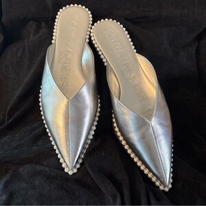 Karl Lagerfeld Metallic Silver Mules with Pearl Trim